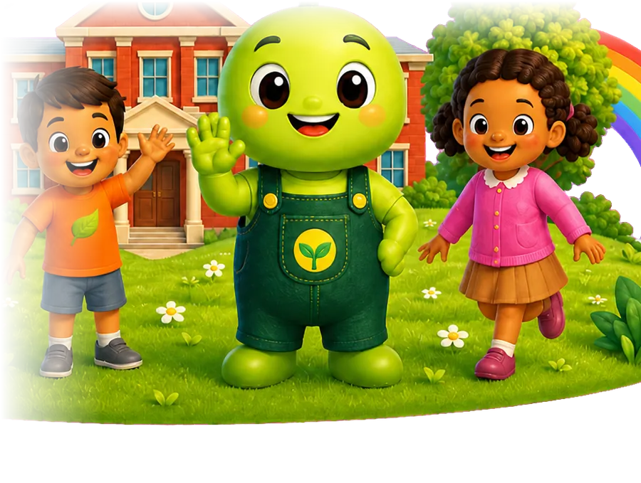 Two happy children with the Little Sprouts mascot