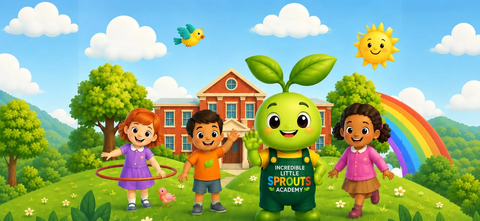 The Incredible Little Sprouts mascot with happy children outside the academy